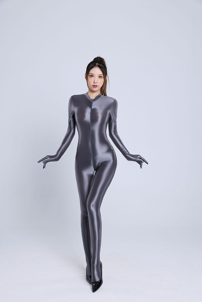 Shiny Spandex Lycra Solid Color Fetish Long Zipper Zentai Catsui