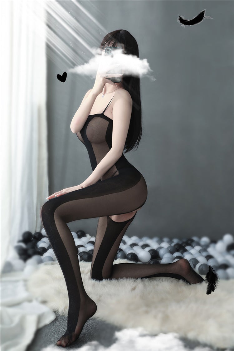 Black sheer and opaque crotchless bodystocking - Ling lingerie