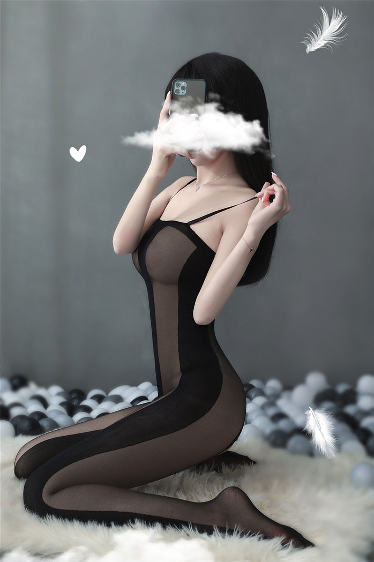 Black sheer and opaque crotchless bodystocking - Ling lingerie
