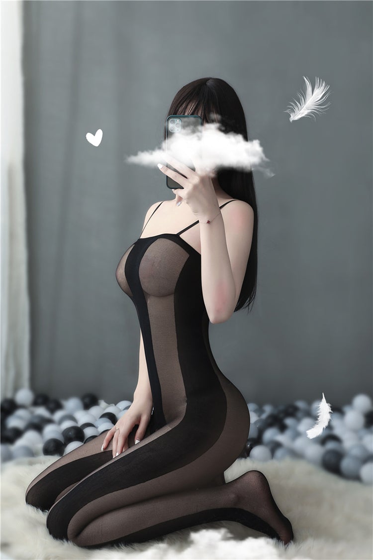 Black sheer and opaque crotchless bodystocking - Ling lingerie