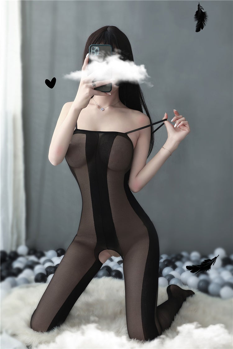 Black sheer and opaque crotchless bodystocking - Ling lingerie