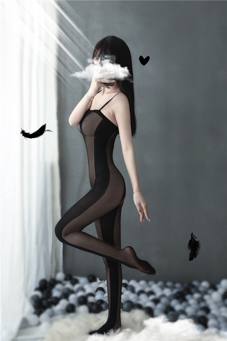Black sheer and opaque crotchless bodystocking - Ling lingerie