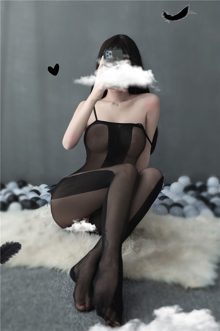Black sheer and opaque crotchless bodystocking - Ling lingerie