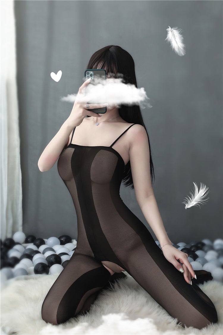 Black sheer and opaque crotchless bodystocking - Ling lingerie
