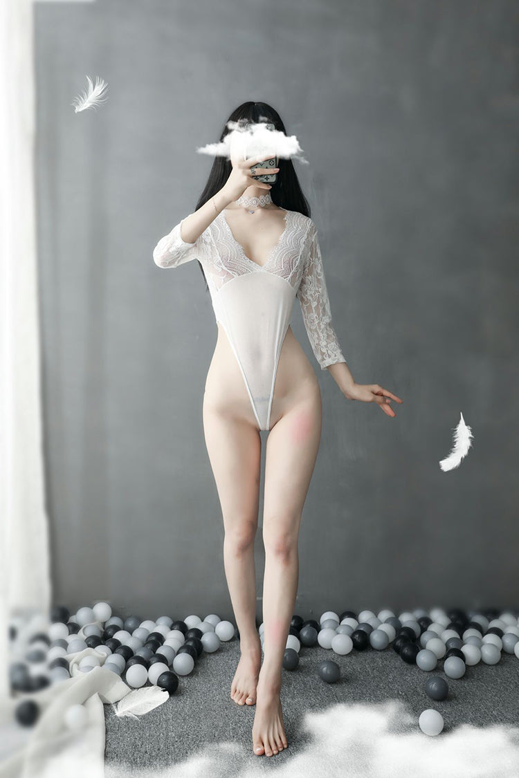 Black/White Sexy Lace High Fork Leotard - Ling lingerie