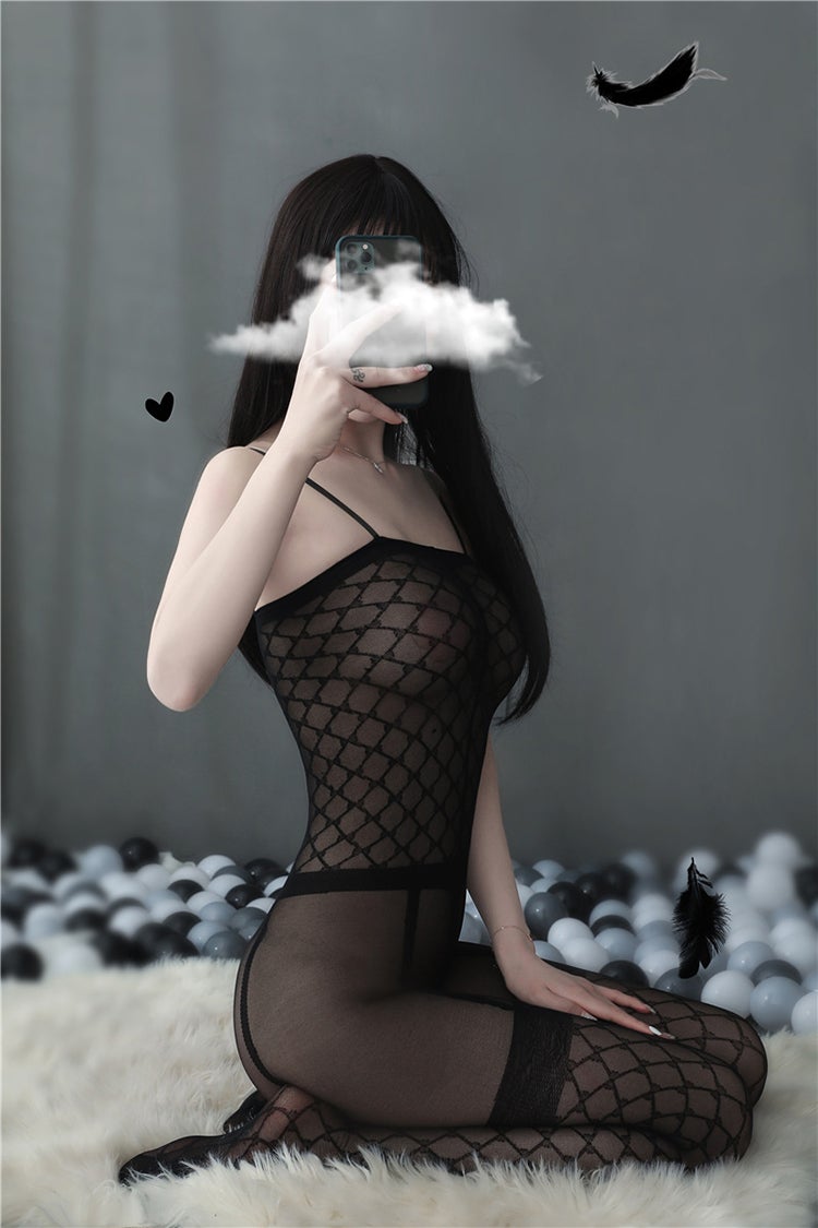 Diamond Grid Print Suspender Crotchless Bodystocking - Ling lingerie