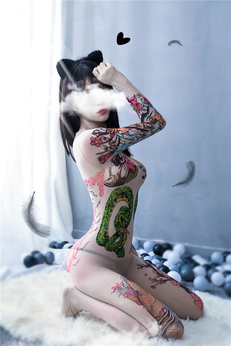 Japanese Tattoo Printing Crotchless Bodystocking - Ling lingerie