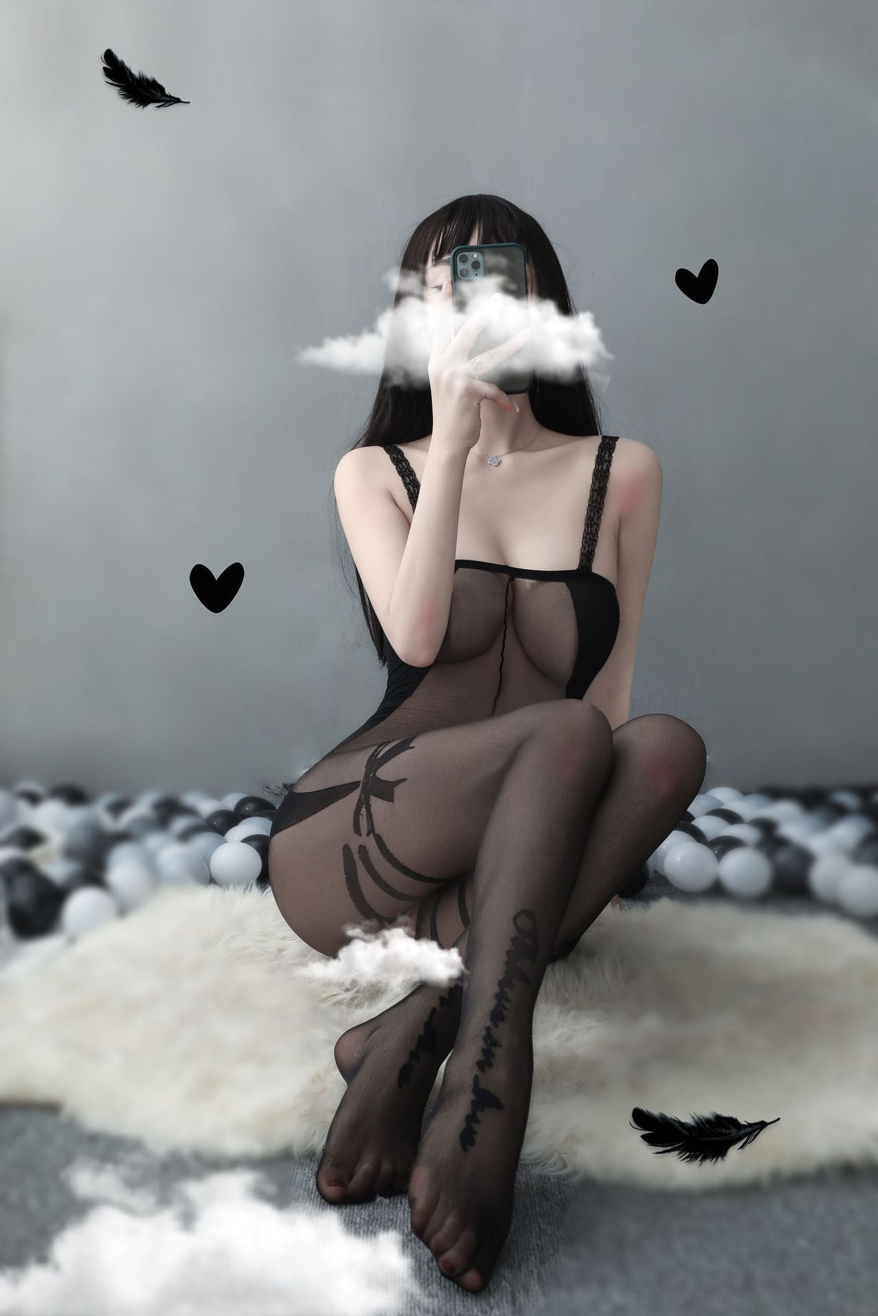 Lace straps bow print ultra-thin crotchless bodystocking - Ling lingerie