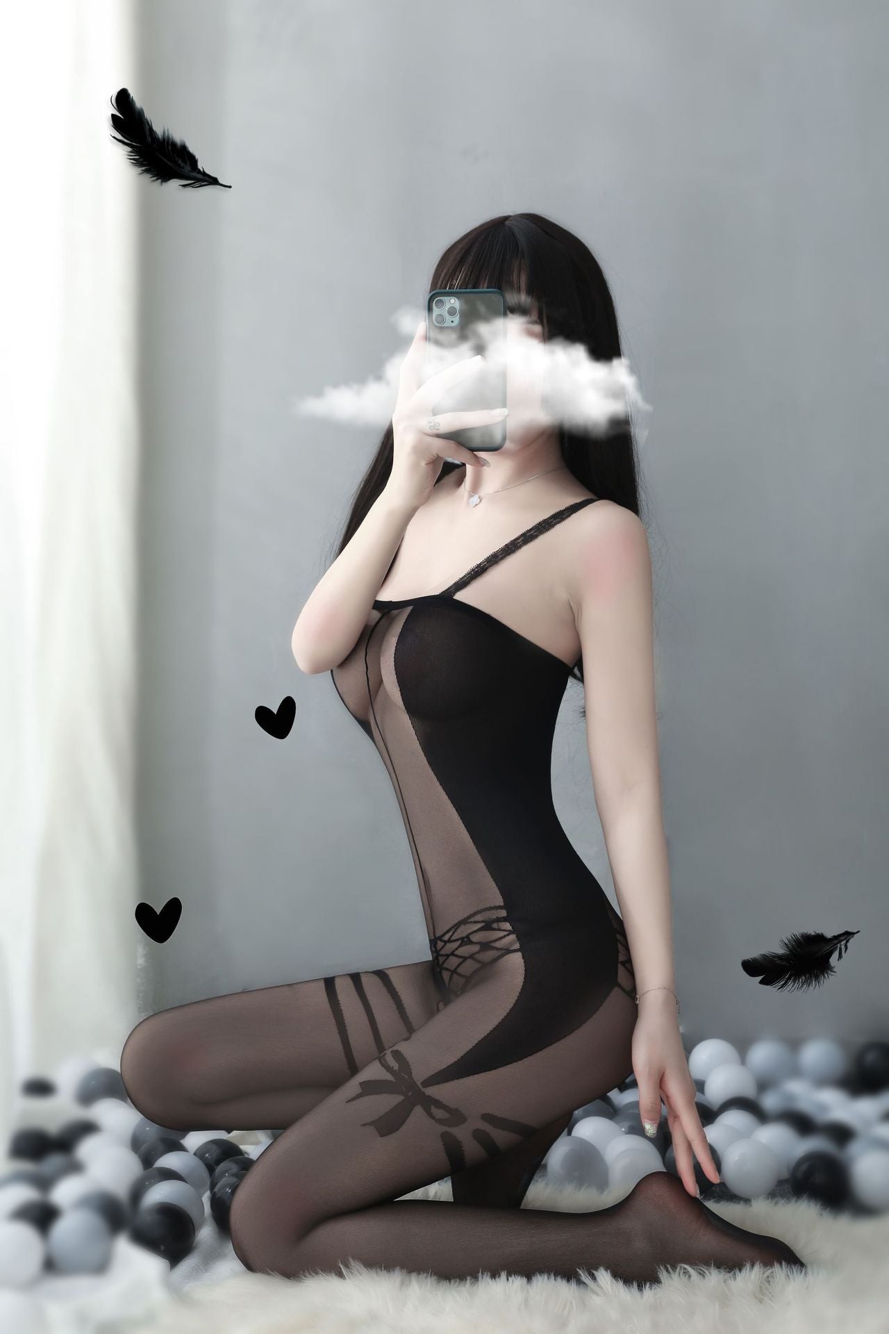 Lace straps bow print ultra-thin crotchless bodystocking - Ling lingerie