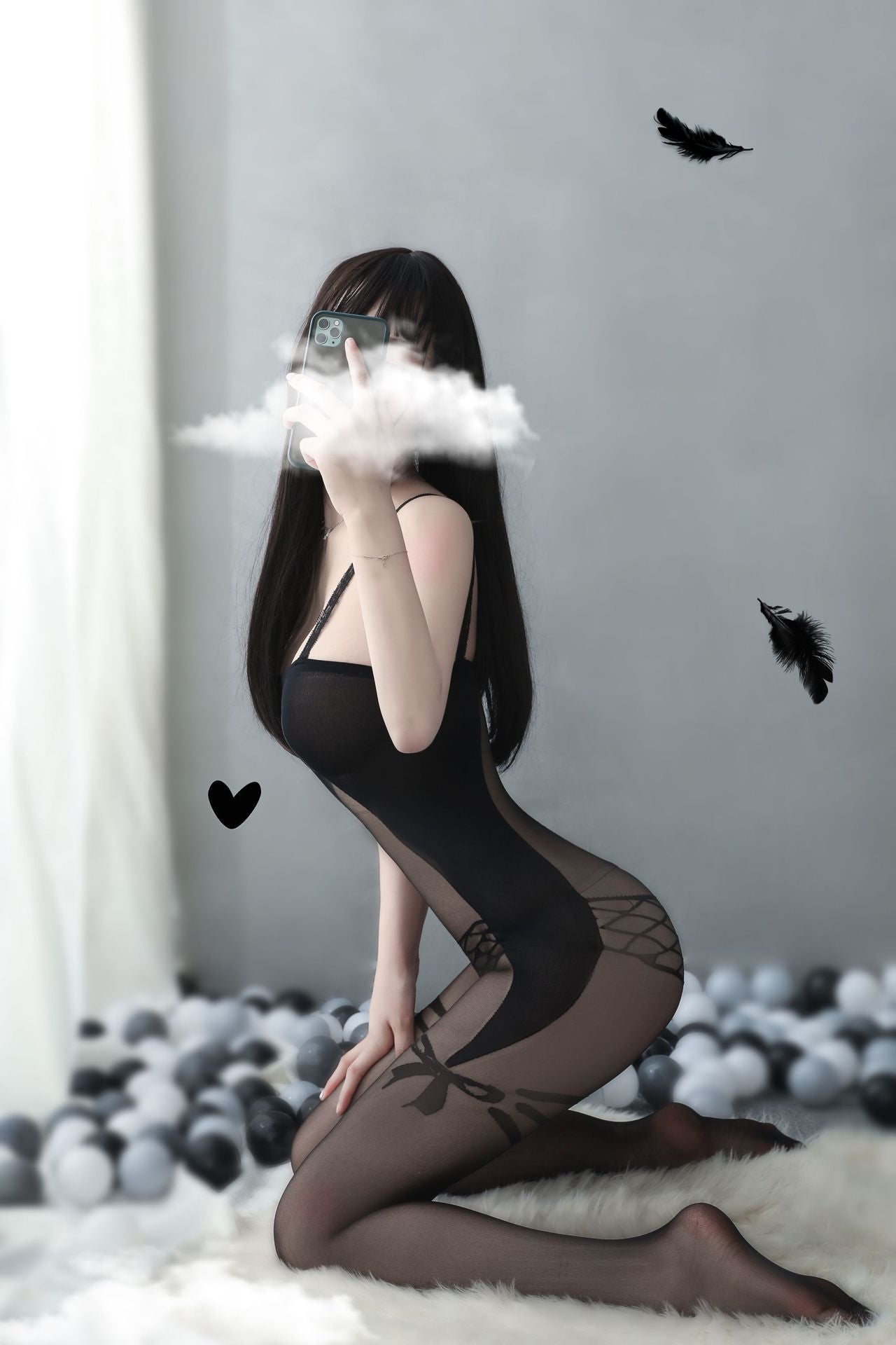 Lace straps bow print ultra-thin crotchless bodystocking - Ling lingerie