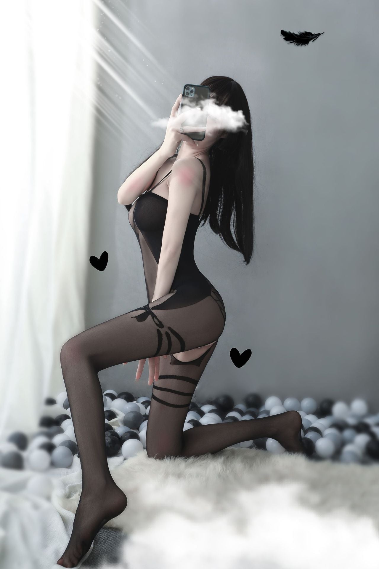 Lace straps bow print ultra-thin crotchless bodystocking - Ling lingerie