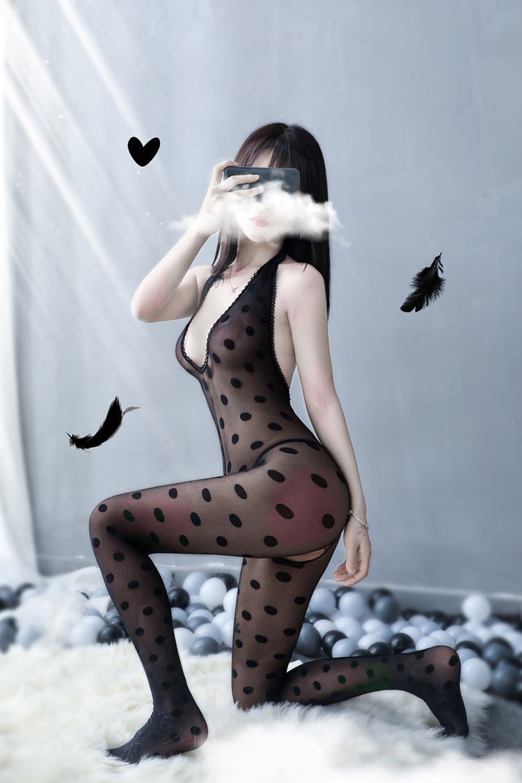 Retro Polka Dot Print Crotchless Bodystocking - Ling lingerie