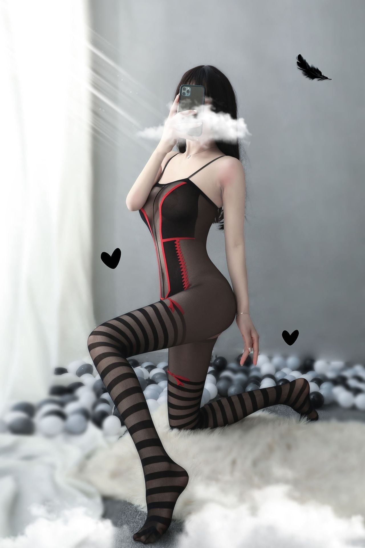 Retro Red Bow Print Crotchless Bodystocking - Ling lingerie