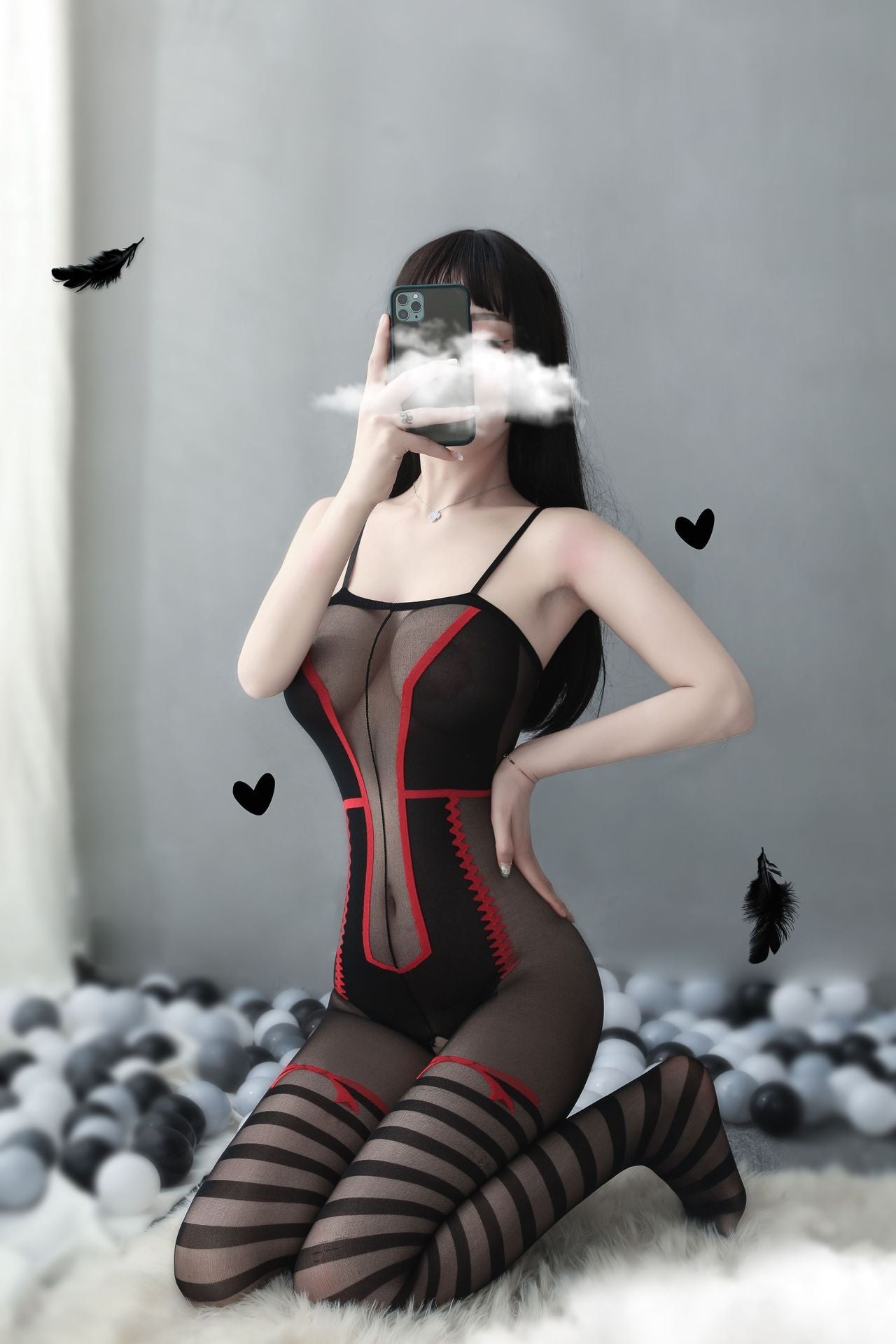 Retro Red Bow Print Crotchless Bodystocking - Ling lingerie