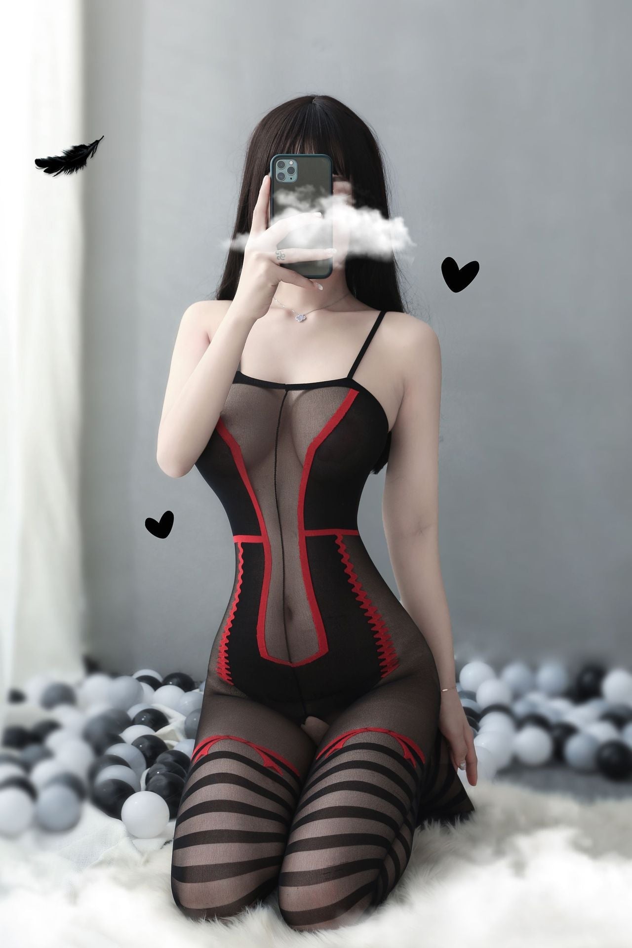 Retro Red Bow Print Crotchless Bodystocking - Ling lingerie