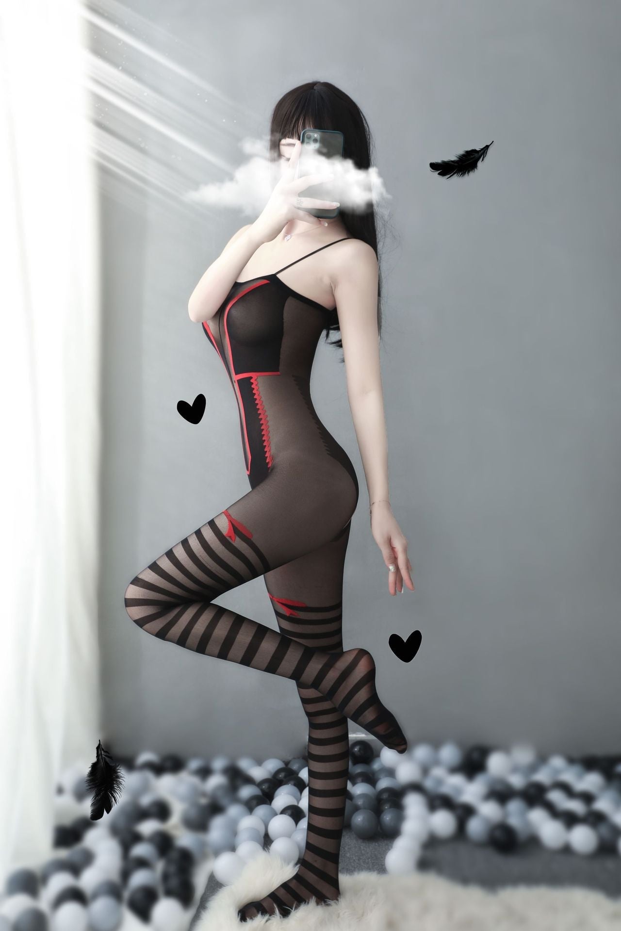 Retro Red Bow Print Crotchless Bodystocking - Ling lingerie