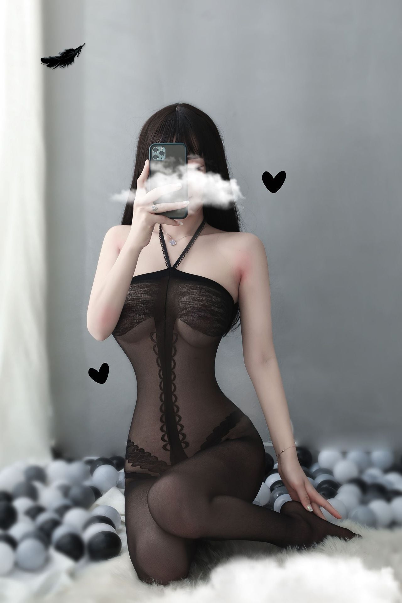 Sexy black stripe print halter crotchless bodystocking - Ling lingerie