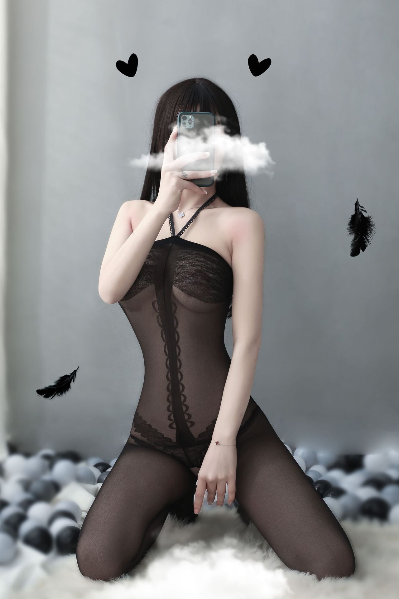 Sexy black stripe print halter crotchless bodystocking - Ling lingerie