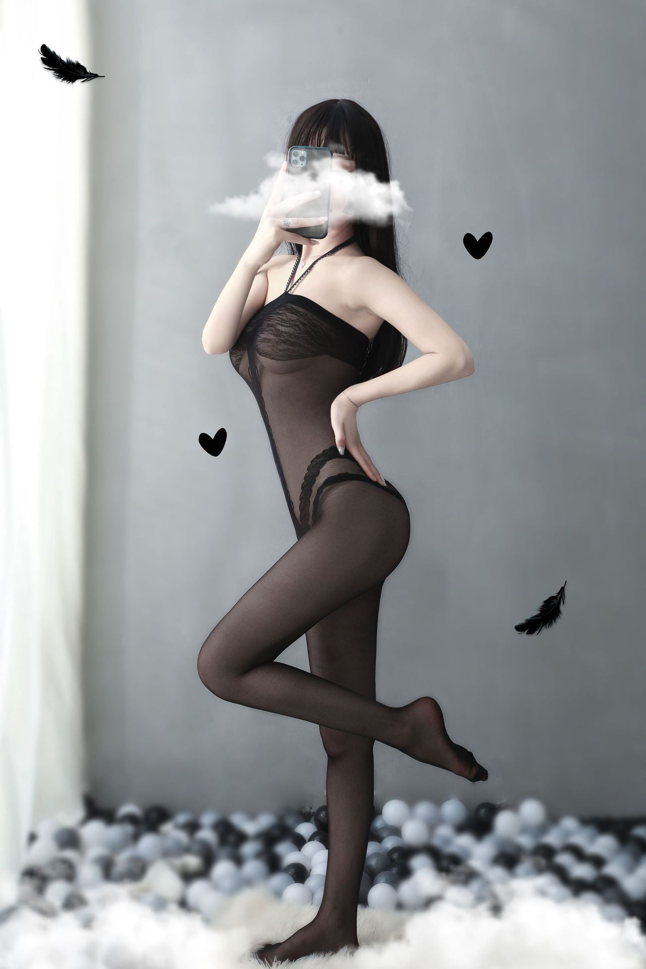 Sexy black stripe print halter crotchless bodystocking - Ling lingerie