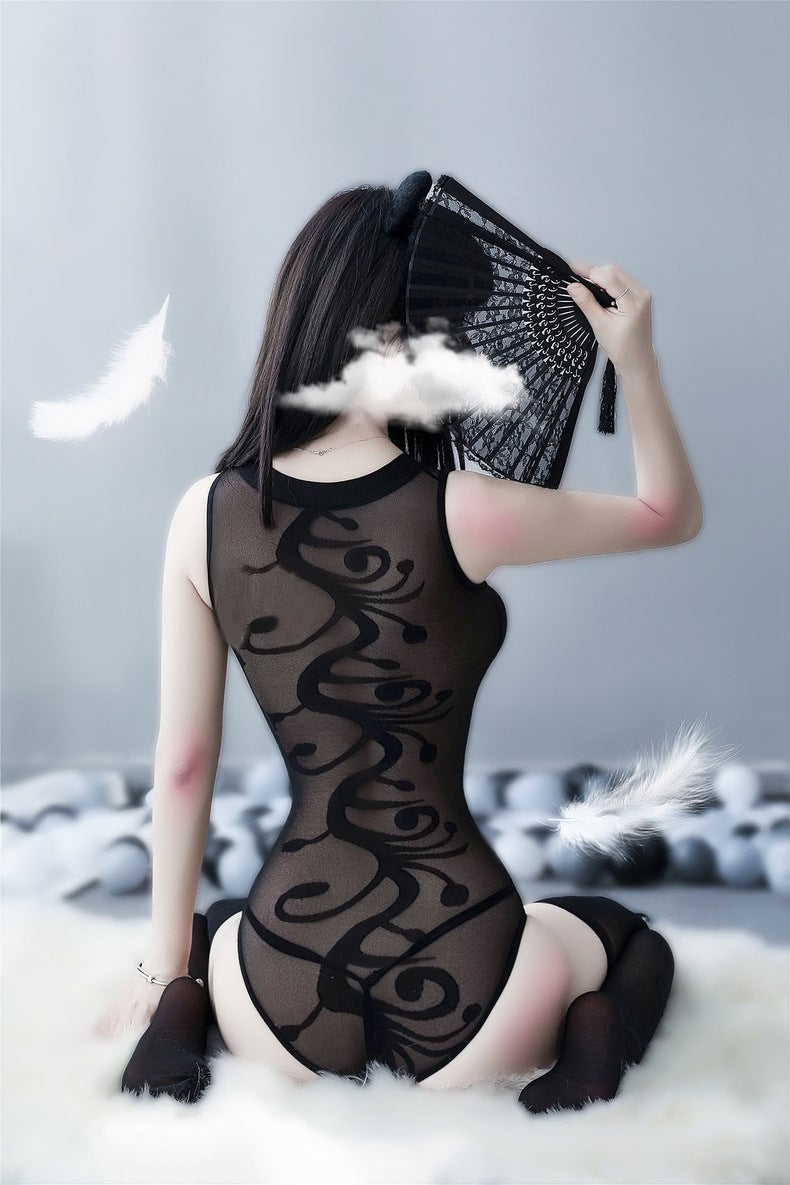 Sheer halter teddy W/ Matching stockings - Ling lingerie