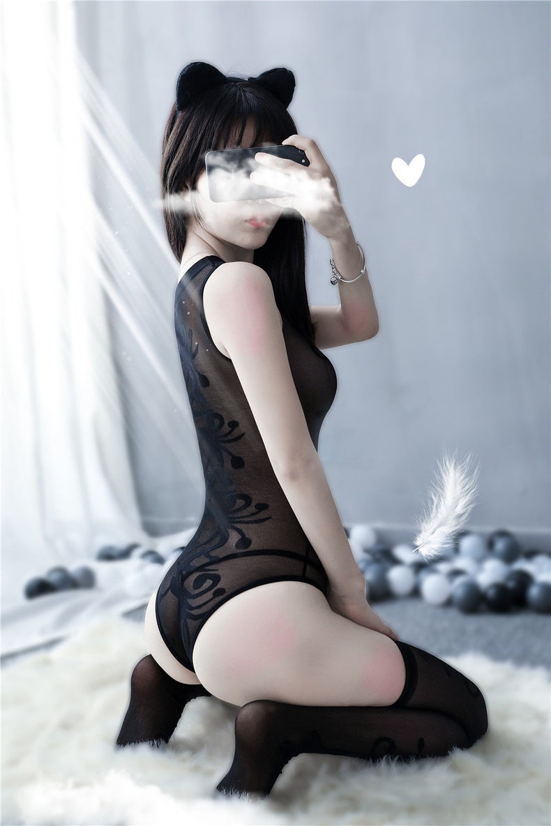 Sheer halter teddy W/ Matching stockings - Ling lingerie