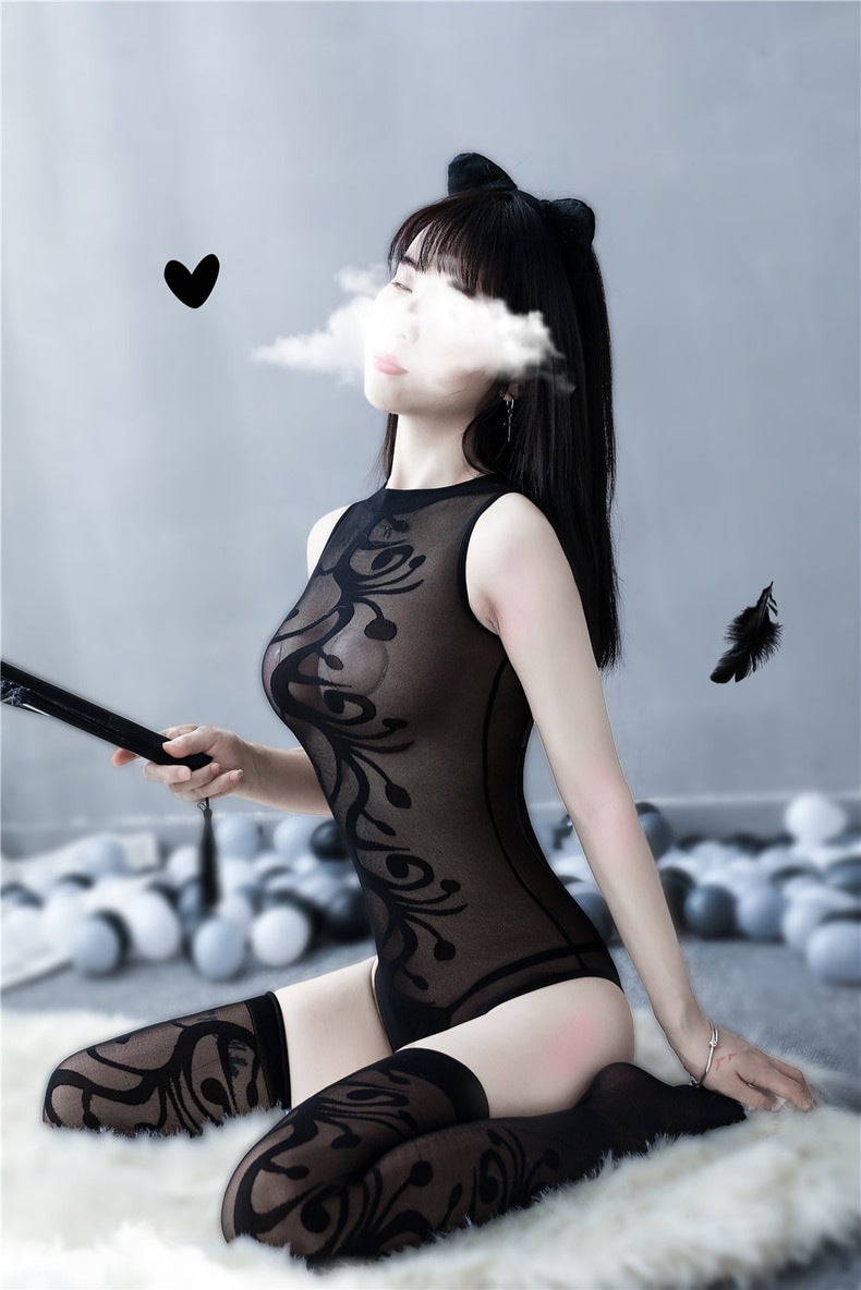 Sheer halter teddy W/ Matching stockings - Ling lingerie