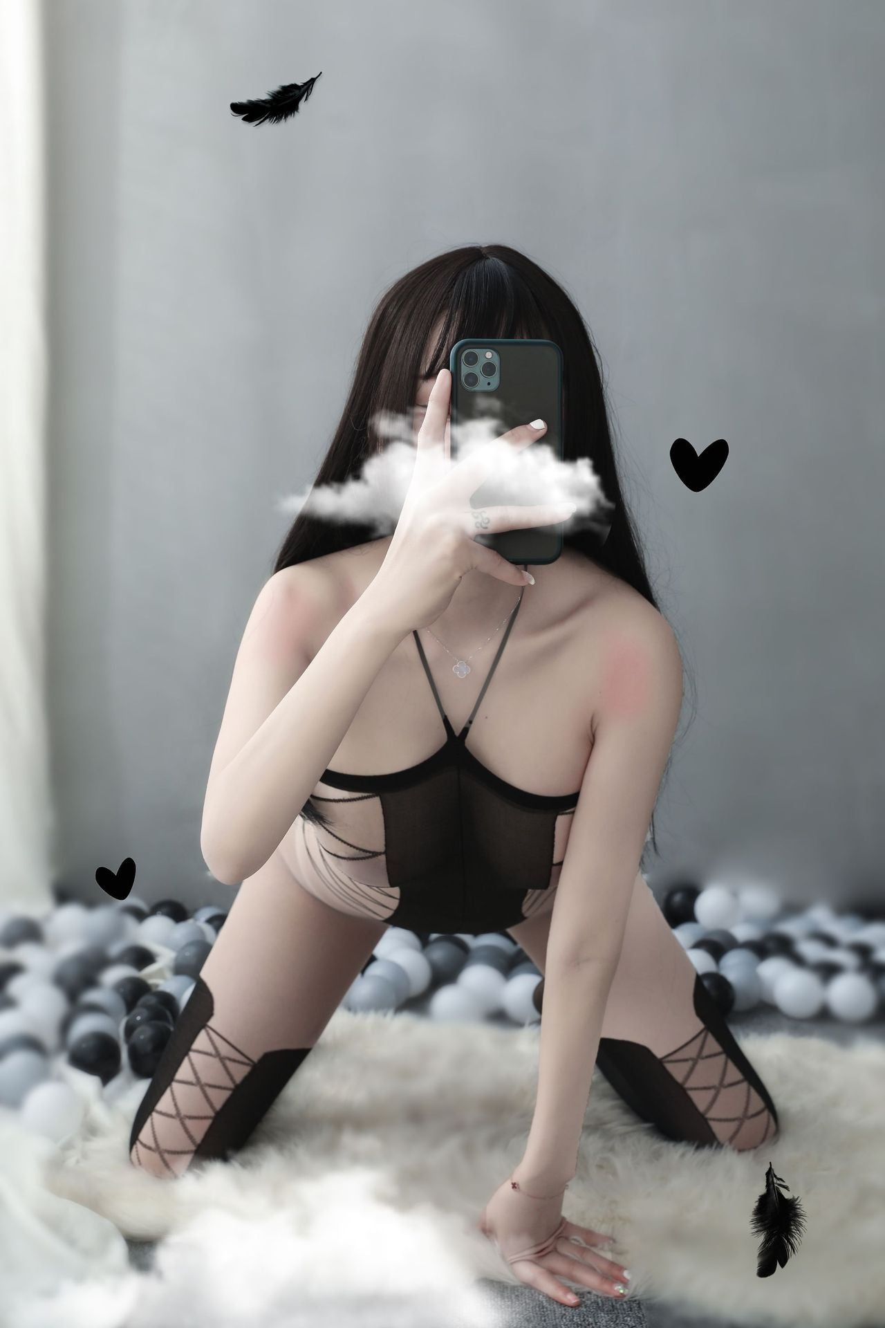 Transparent mesh print hanging neck crotchless bodystocking - Ling lingerie