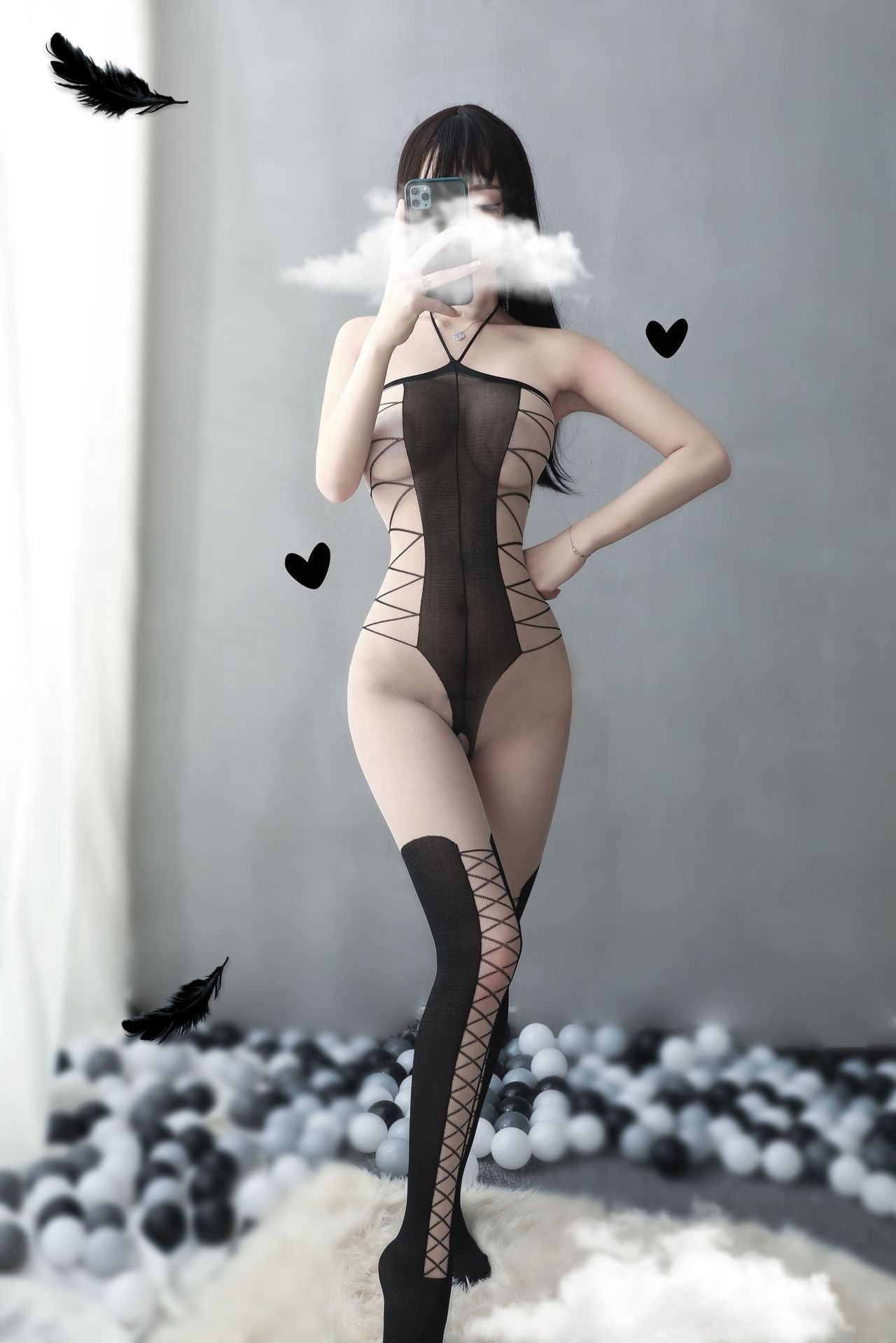 Transparent mesh print hanging neck crotchless bodystocking - Ling lingerie