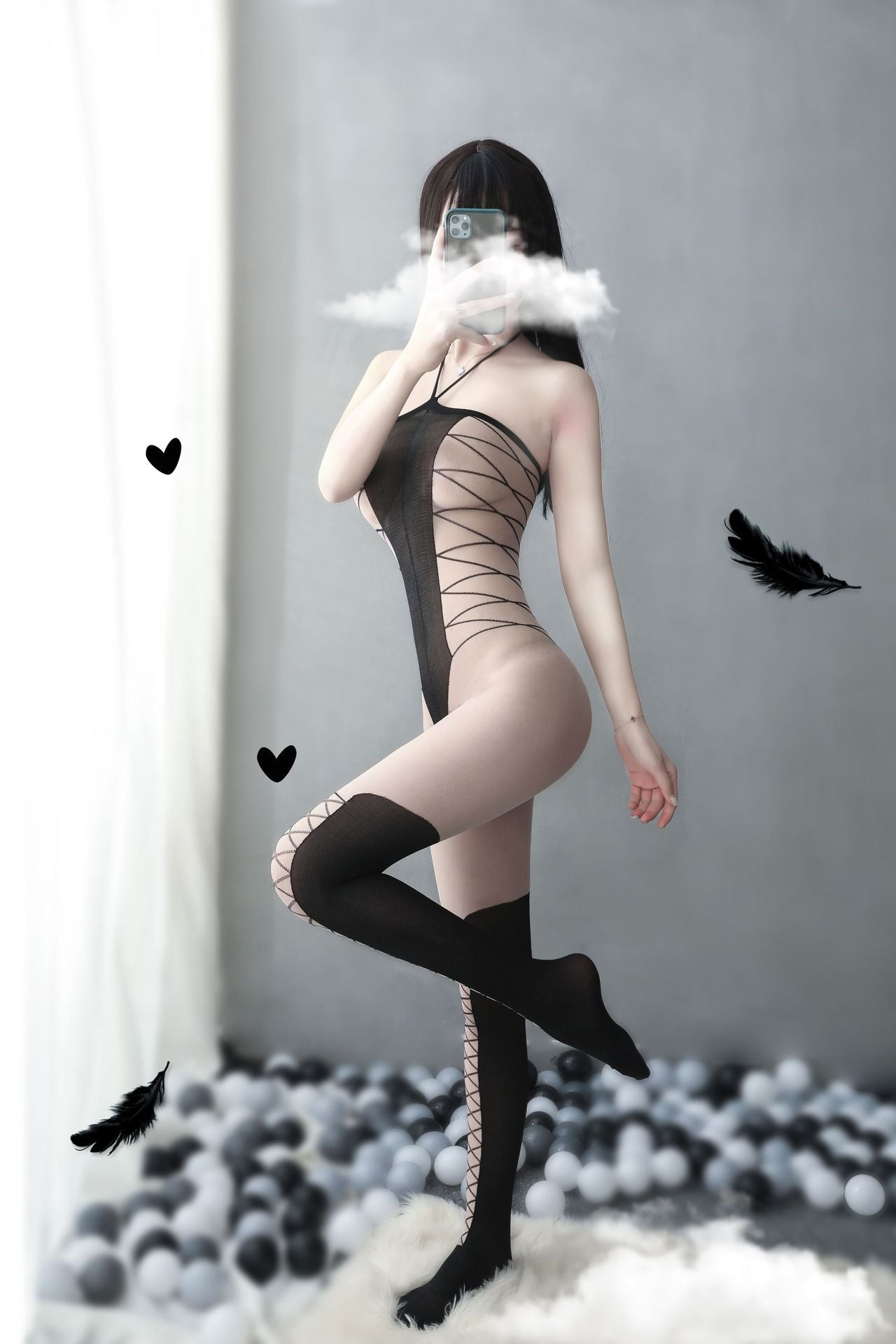 Transparent mesh print hanging neck crotchless bodystocking - Ling lingerie