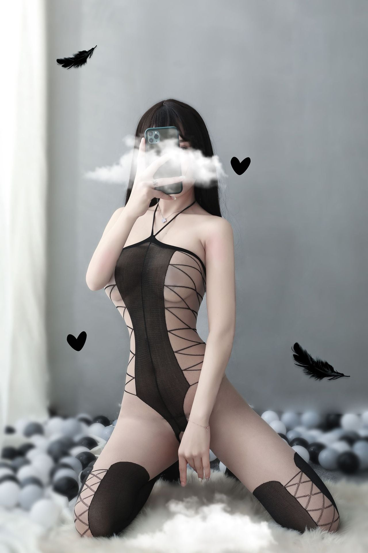 Transparent mesh print hanging neck crotchless bodystocking - Ling lingerie