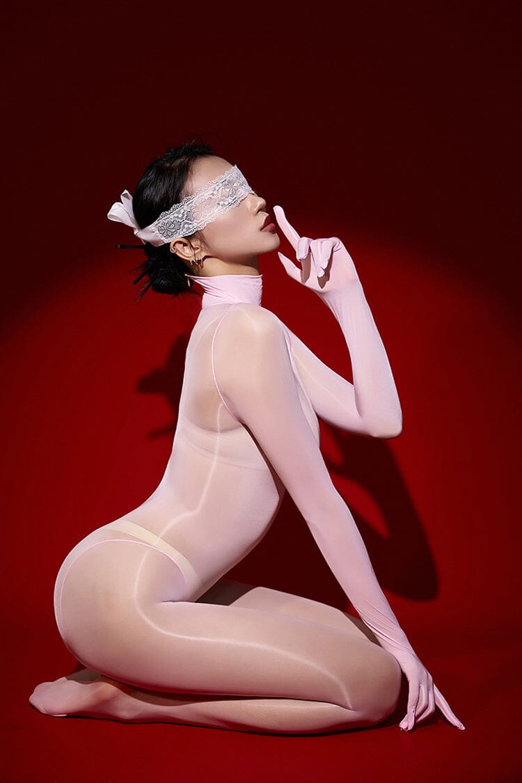 [Sexy] Ultra Sheer High Density Turtleneck Seamless Back Zipper Fetish Long Sleeve Finger Gloves Crotchless Bodystocking Support Plus Size