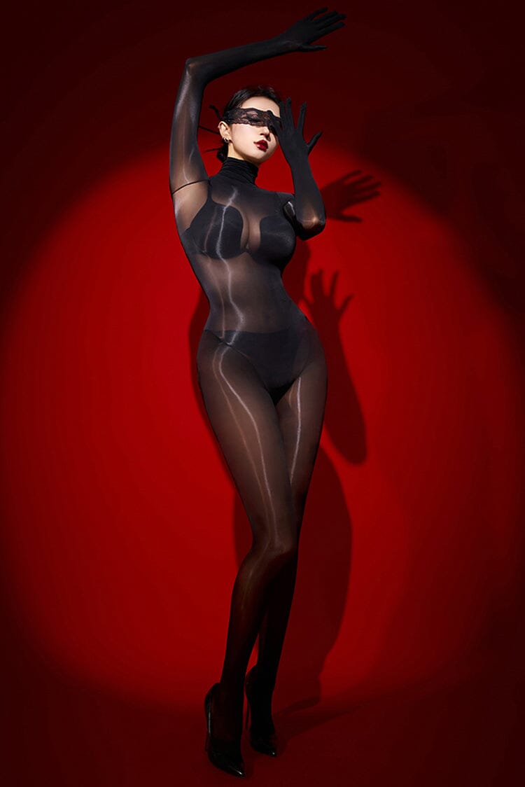 [Sexy] Ultra Sheer High Density Turtleneck Seamless Back Zipper Fetish Long Sleeve Finger Gloves Crotchless Bodystocking Support Plus Size