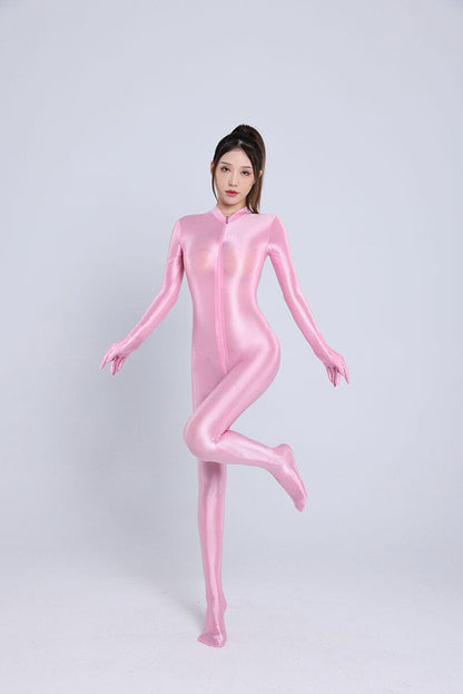 Shiny Spandex Lycra Solid Color Fetish Long Zipper Zentai Catsui
