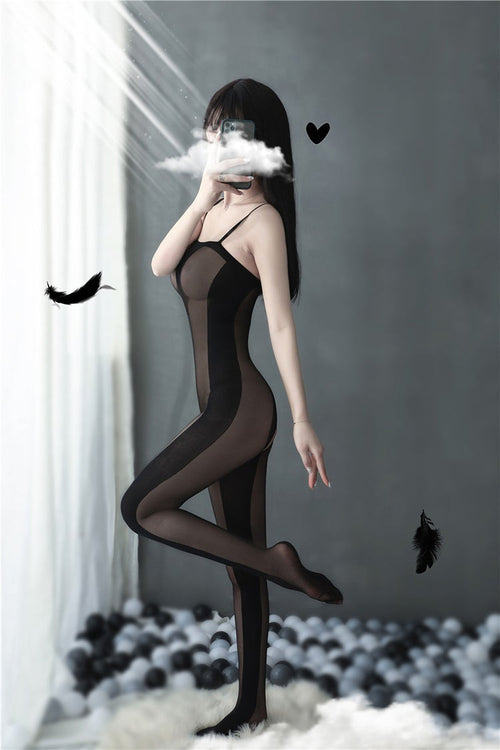 Black sheer and opaque crotchless bodystocking - Ling lingerie