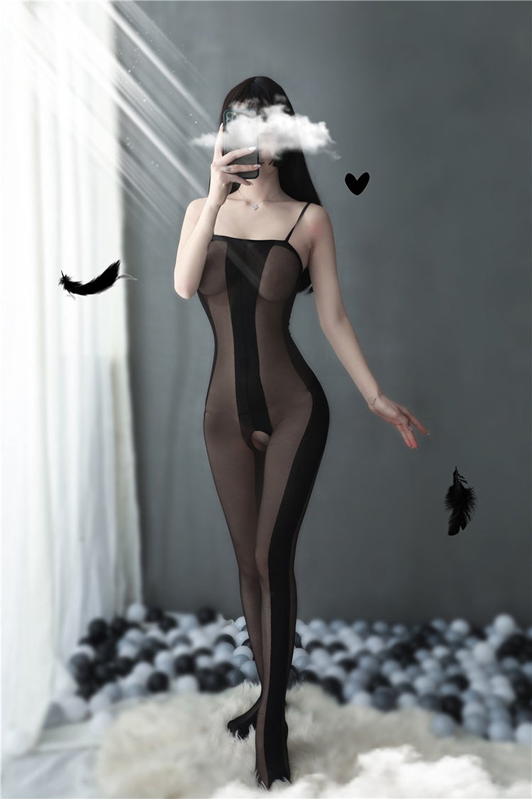Black sheer and opaque crotchless bodystocking - Ling lingerie