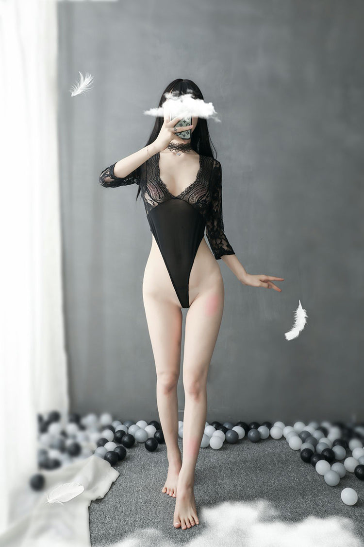 Black/White Sexy Lace High Fork Leotard - Ling lingerie