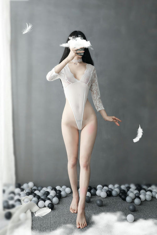 Black/White Sexy Lace High Fork Leotard - Ling lingerie