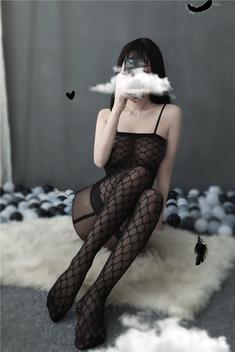 Diamond Grid Print Suspender Crotchless Bodystocking - Ling lingerie