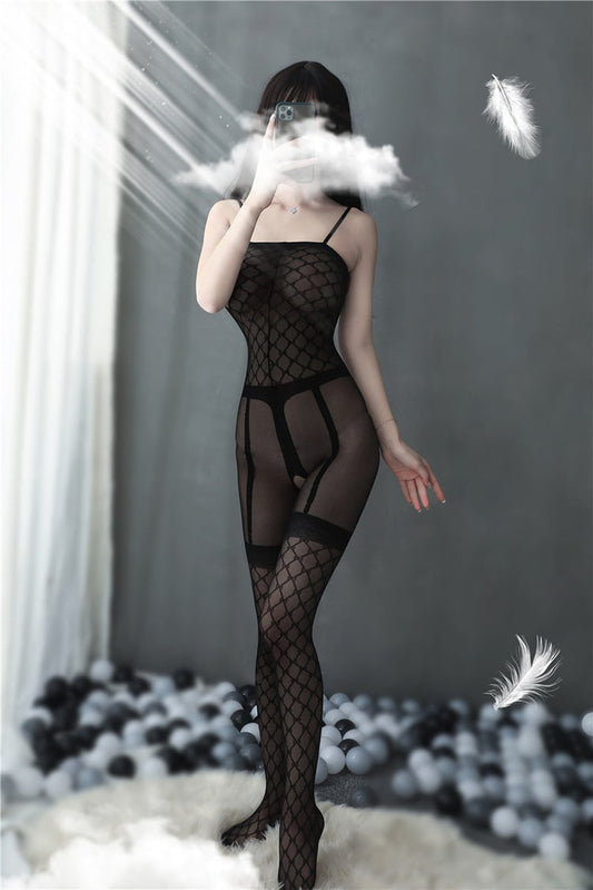 Diamond Grid Print Suspender Crotchless Bodystocking - Ling lingerie