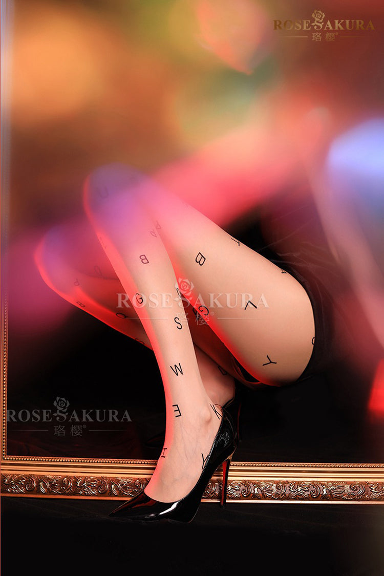 [Fashion] Ultra Sheer Letter Print Silky Glossy Crotchless Pantyhose