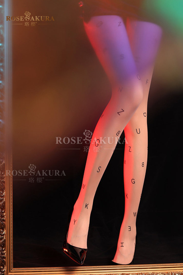 [Fashion] Ultra Sheer Letter Print Silky Glossy Crotchless Pantyhose