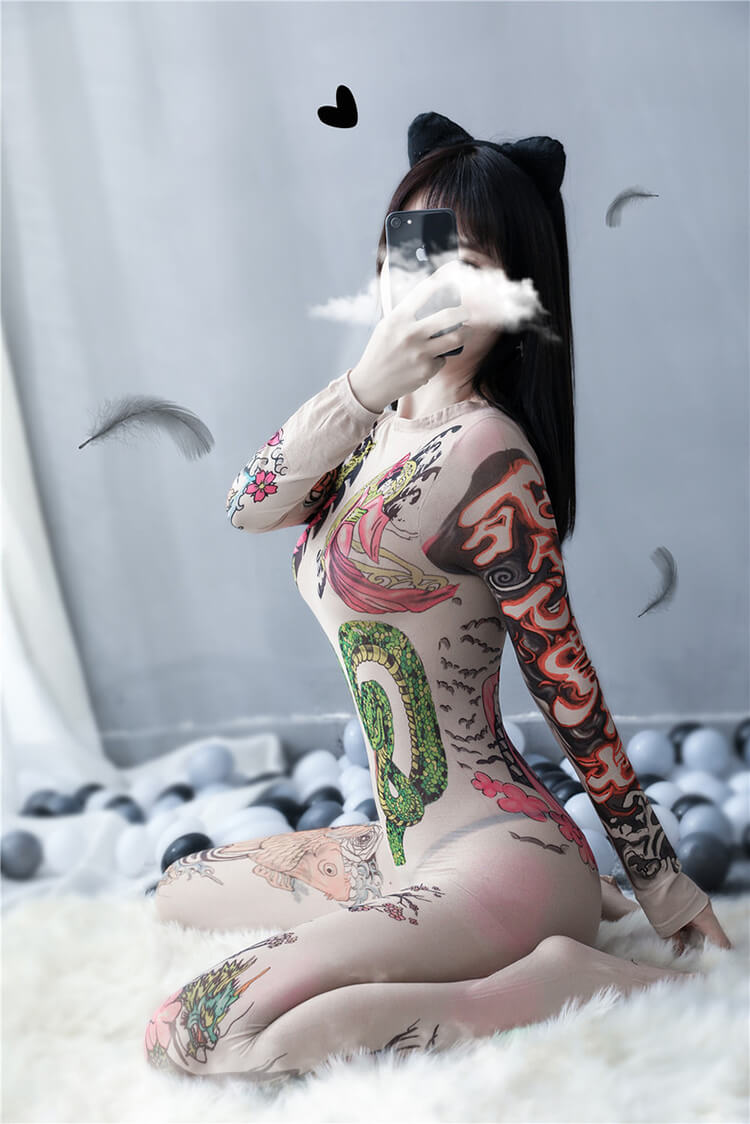 Japanese Tattoo Printing Crotchless Bodystocking - Ling lingerie