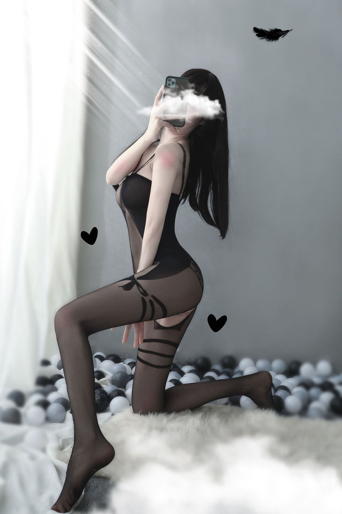 Lace straps bow print ultra-thin crotchless bodystocking - Ling lingerie