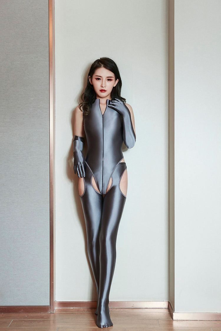 Oily high-elastic High-neck Bodysuit With Gloves and Pantyhose - Ling lingerie