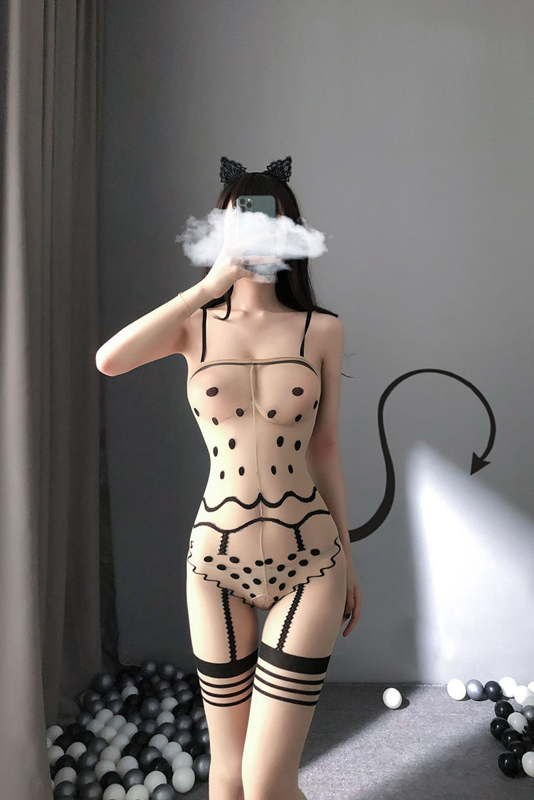 Polka Dot Print Cute Crotchless Bodystocking - Ling lingerie