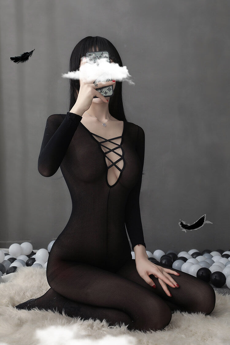 Pure Color Long Sleeves Deep V Stretchy Crotchless Bodystocking