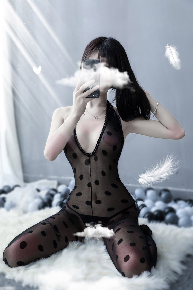 Retro Polka Dot Print Crotchless Bodystocking - Ling lingerie