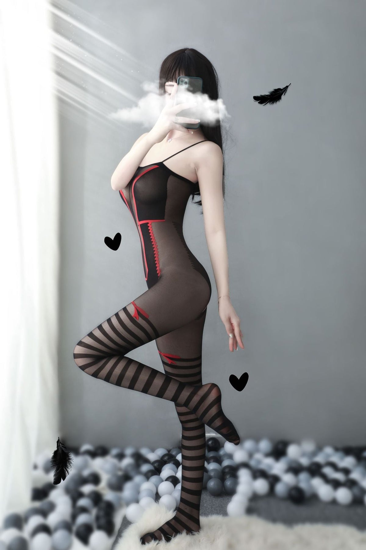 Retro Red Bow Print Crotchless Bodystocking - Ling lingerie