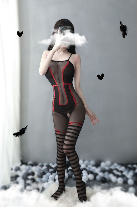 Retro Red Bow Print Crotchless Bodystocking - Ling lingerie