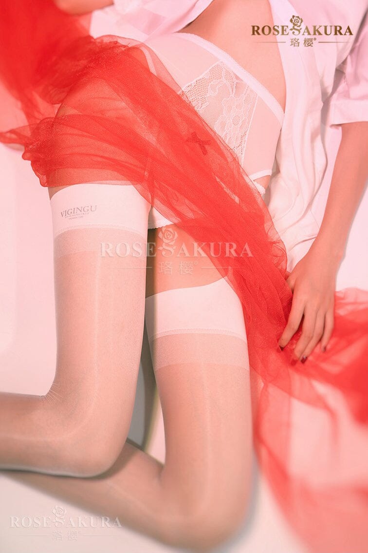 [Retro] Ultra Sheer Glossy Lace Integrated Suspender Wide Brimmed Stockings